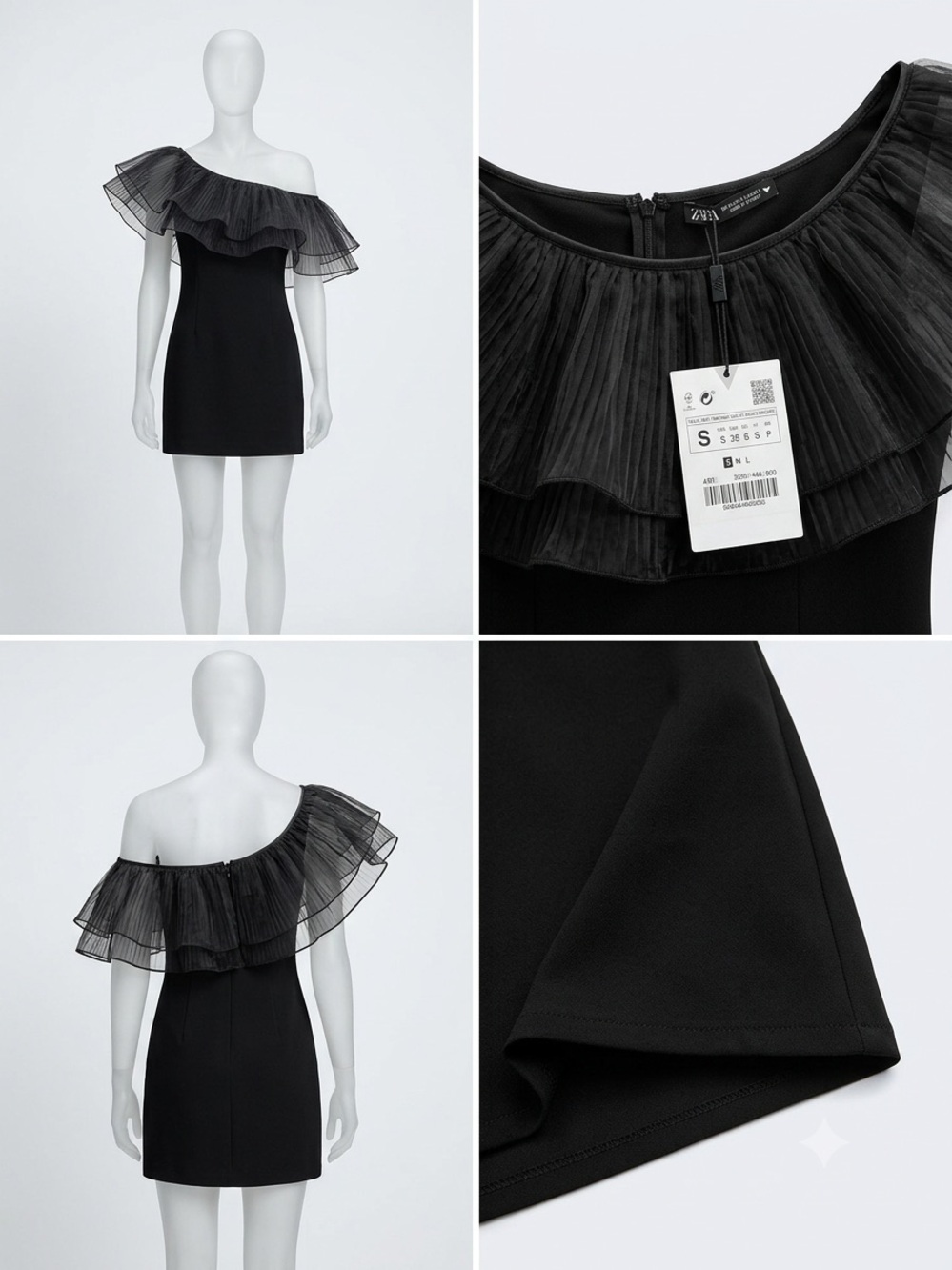 NWT- Zara Black One-Shoulder Ruffle Mini Dress